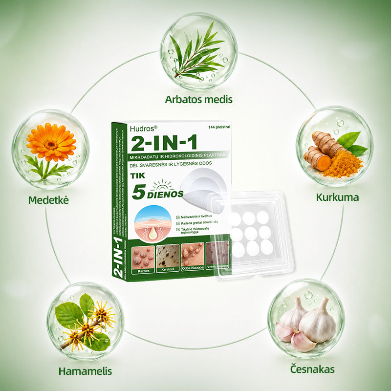 🍄2️⃣Hudros® 2 viename mikroadatų pleistras – tikslinga pagalba nuo karpų, odos darinių, spuogų ir tamsių dėmių