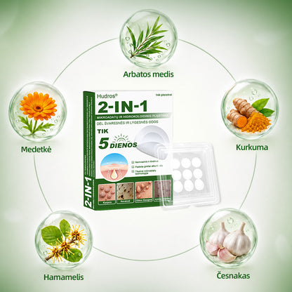 🍄2️⃣Hudros® 2 viename mikroadatų pleistras – tikslinga pagalba nuo karpų, odos darinių, spuogų ir tamsių dėmių