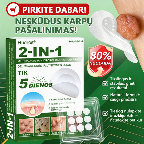 🍄2️⃣Hudros® 2 viename mikroadatų pleistras – tikslinga pagalba nuo karpų, odos darinių, spuogų ir tamsių dėmių
