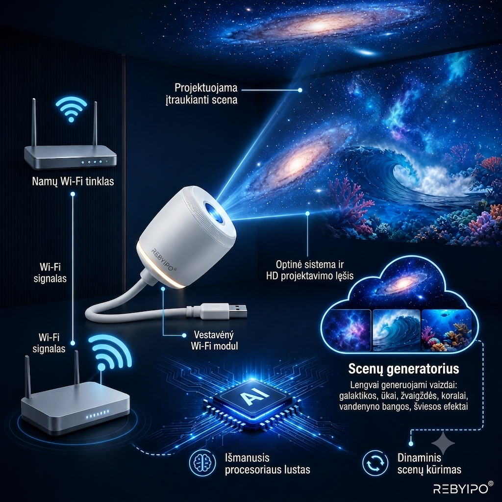REBYIPO® IŠMANIOJI PROJEKCIJA NAUJOSIOS KARTOS HD Išmanusis Dinaminis 5D Holografinis naktinis projektorius-7175